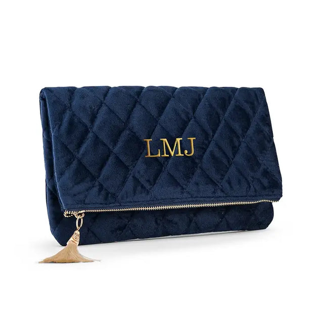 Personalized Fold Over Velvet Clutch - Navy Blue