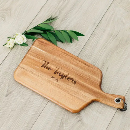 Personalized Wooden Cutting & Serving Board with Handle - Retro Script