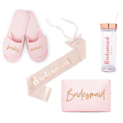 Bridesmaid Blush Pink & Rose Gold Four Piece Bundle - Sash, Water Bottle, Slippers and Bag