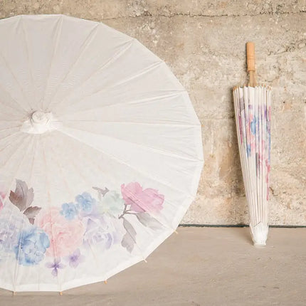 White and Floral Paper Parasol with Bamboo