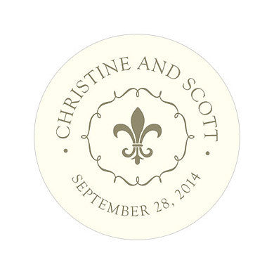 2 inch Diameter Fleur de Lis Sticker used for wedding or party favors, boxes or bags.