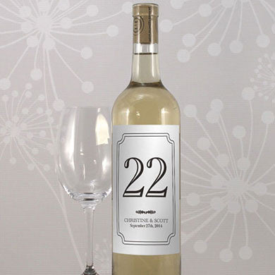 Classic Table Number Wine Label personalized with the bride and groom's name and the wedding date.