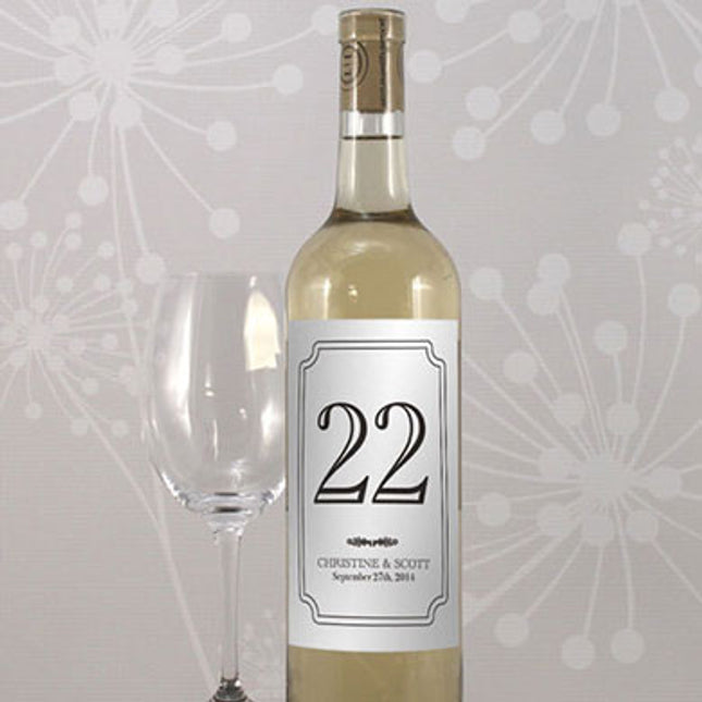 Classic Table Number Wine Label personalized with the bride and groom's name and the wedding date.