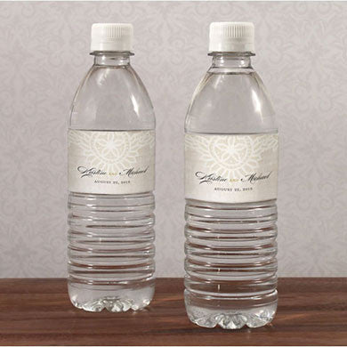 Vintage Lace Water Bottle Sticker Label personalized with bride and groom's name.
