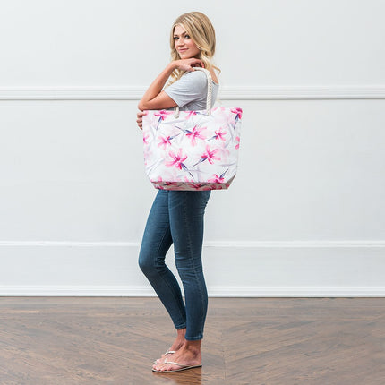 Personalized Pink Floral Watercolor Extra-Large Cotton Canvas Fabric Beach Tote Bag