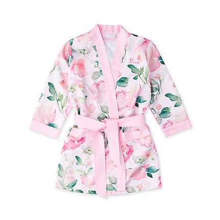 Little Girl Silky Kimono Robe - Pink Floral with Pink Trim