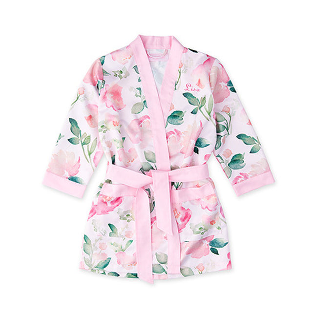 Little Girl Silky Kimono Robe - Pink Floral with Pink Trim