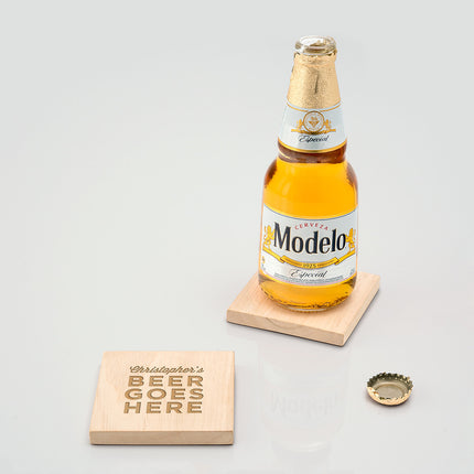 Natural Wood Coaster with Built-in Bottle Opener - Beer Goes Here Etching