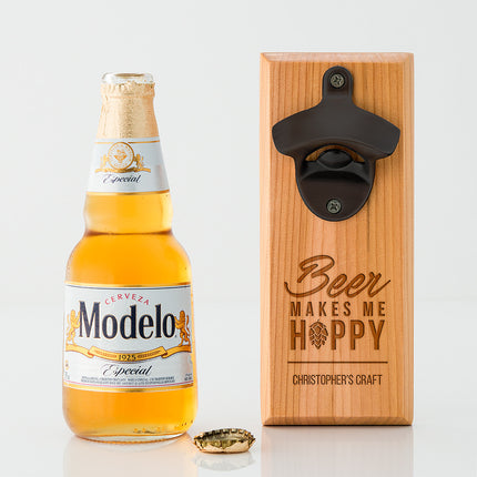 Cedar Wood Wall Mount Bottle Opener - Beer Makes Me Hoppy Etching