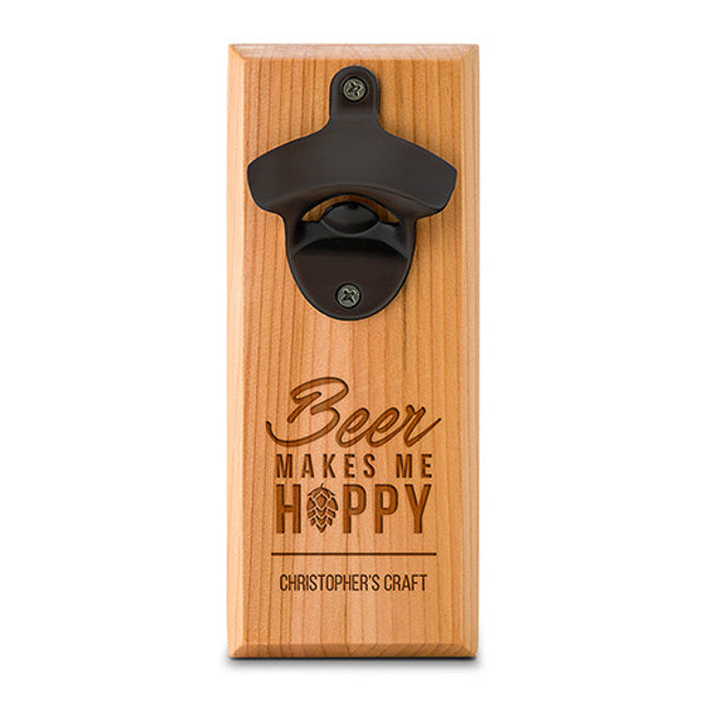 Cedar Wood Wall Mount Bottle Opener - Beer Makes Me Hoppy Etching