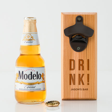 Cedar Wood Wall Mount Bottle Opener - Drink! Etching