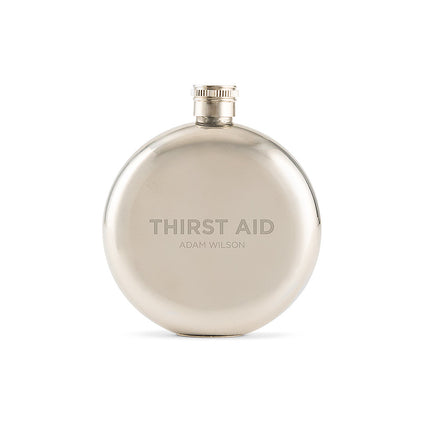 Thirst Aid Engraved Round Silver Hip Flask for Men