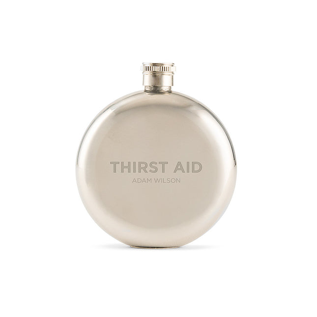 Thirst Aid Engraved Round Silver Hip Flask for Men