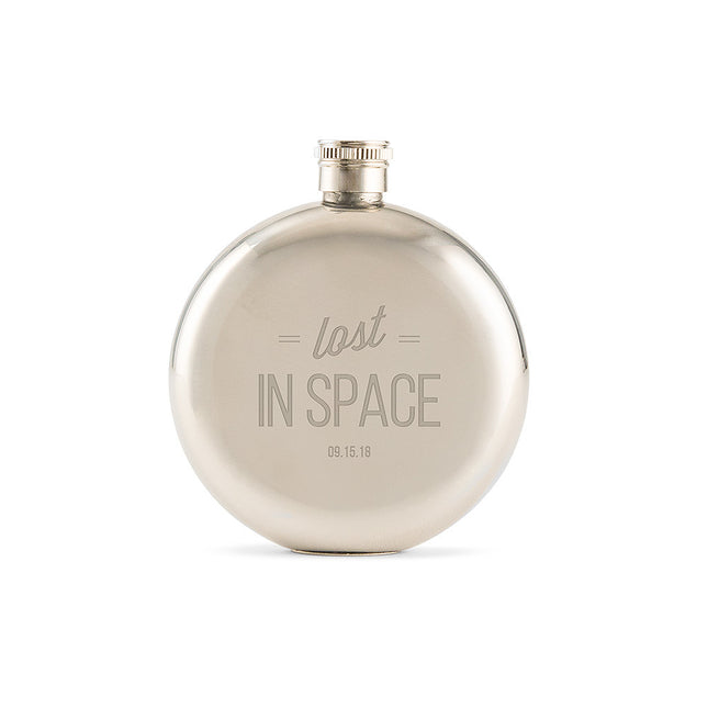 Lost in Space Engraved Round Silver Hip Flask for Men