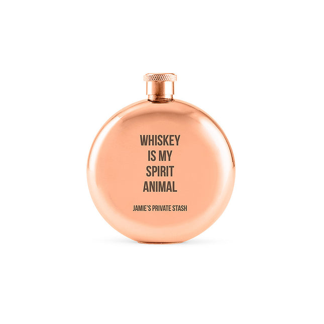 Polished Rose Gold Hip Flask - Spirit Animal Etching