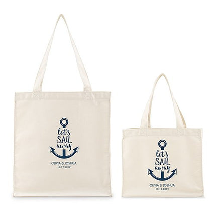 Personalized White Canvas Tote Bag - Let's Sail Away Mini Tote with Gussets Navy Large-Small