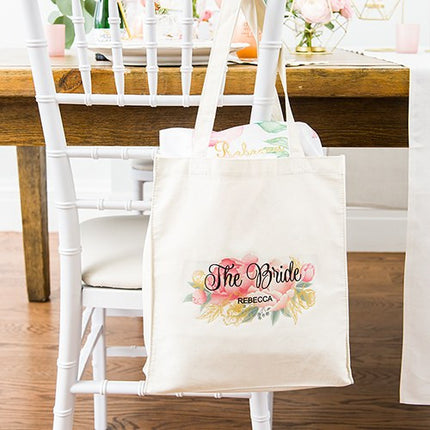 Personalized White Canvas Tote Bag - Modern Floral Tote Bag with Gussets 