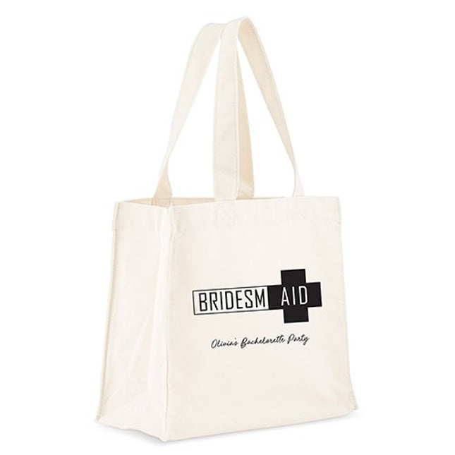 Personalized White Canvas Tote Bag - Bridesmaid Survival Kit Tote Bag with Gussets Black