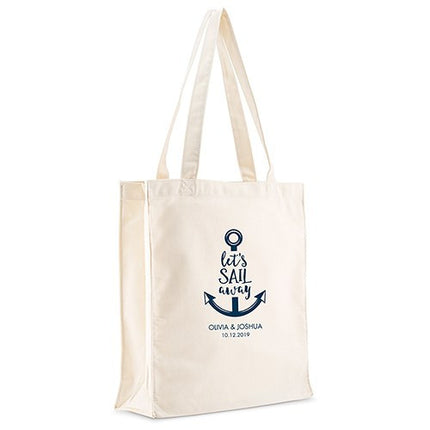 Personalized White Canvas Tote Bag - Let's Sail Away Mini Tote with Gussets Navy Blue