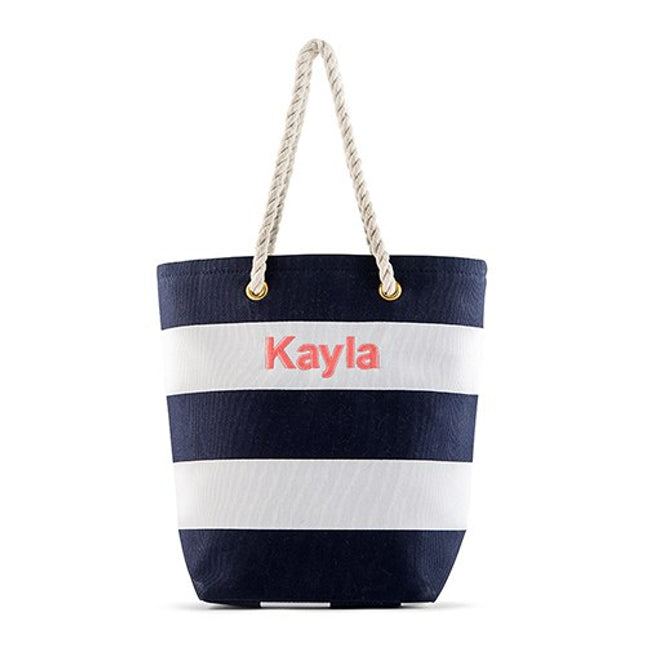 Personalized Navy White Striped Bride Bridesmaid Canvas Tote