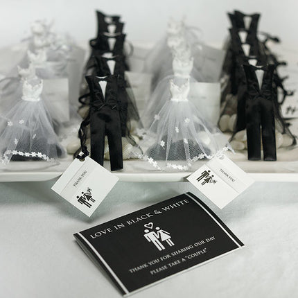 A beautiful display of the Groom & Bride Wedding Favor Candy Bags, filled with candy and jelly beans.