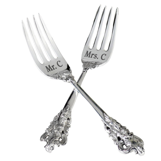 Personalized Bride and Groom Silver Fork Wedding Cake Set