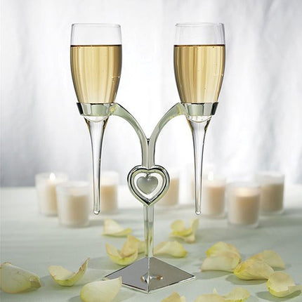Joined Hearts Wedding Champagne Glasses with Silver Stand