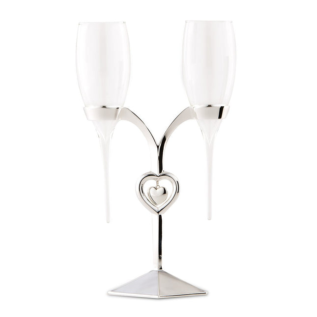 Joined Hearts Wedding Champagne Glasses with Silver Stand