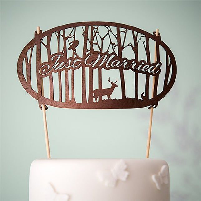 Just Married Deer and Woodland Wood Veneer Wedding Cake Topper