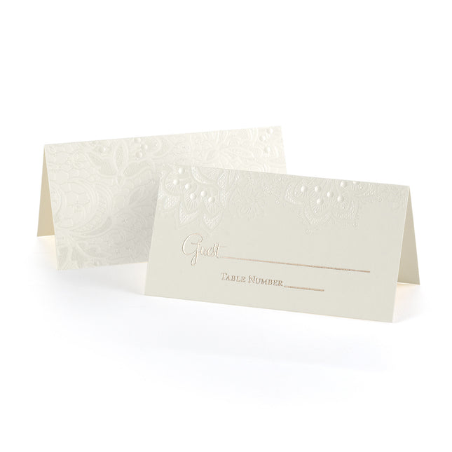 Ecru Vellum Wedding Table Place Card with Floral Lace Design