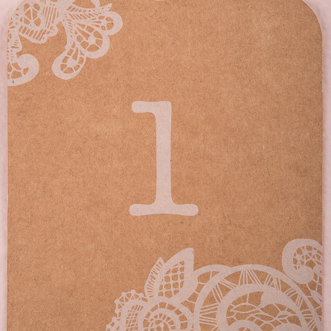 Large Kraft Tag Vintage Lace White Print Table Numbers - Pack of 12