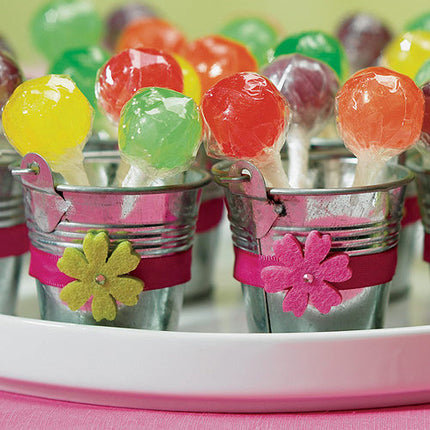 Mini Metal Wedding Favor Pail filled with colorful lollipops.