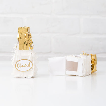 Gold and White Champagne Bottle Mini Piñata Favor Box for Weddings and Parties