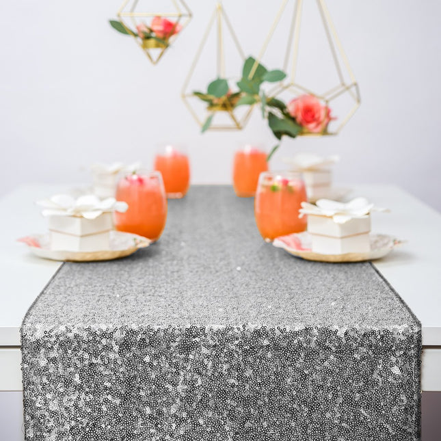 Metallic Silver Sparkle Sequin Table Runner - 108x12 inches long