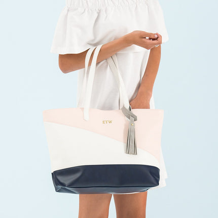 Monogrammed Pink White & Blue Faux Vegan Leather Tote Bag