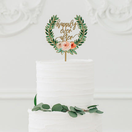 Floral Happily Ever After Natural Wood Cake Wedding Topper
