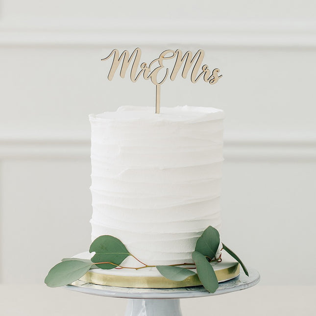 Mr & Mrs Natural Wood Cake Topper Decoration Pick