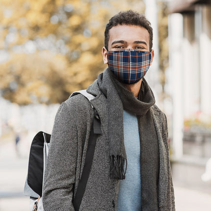 Navy and Orange Plaid Adult Protective Cloth Face Mask