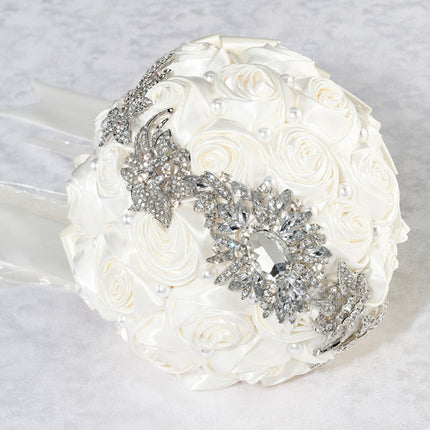Pearl and Rhinestone with Cream Satin Roses Wedding Bridal Bouquet