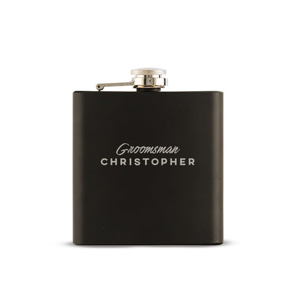 Personalized Groomsman Cursive Engraved Black Hip Flask with Gift Box