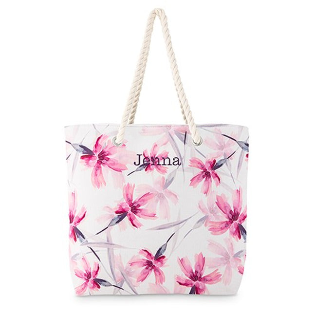 Personalized Pink Floral Watercolor Extra-Large Cotton Canvas Fabric Beach Tote Bag
