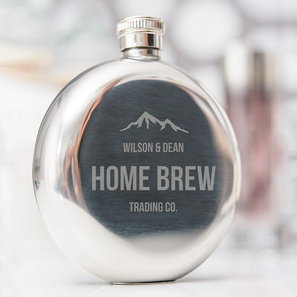 Personalized Mountain Engraved Round Silver Hip Flask