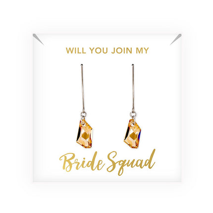 Personalized Swarovski Crystal Wedding Drop Earrings - Bride Squad Gold Color