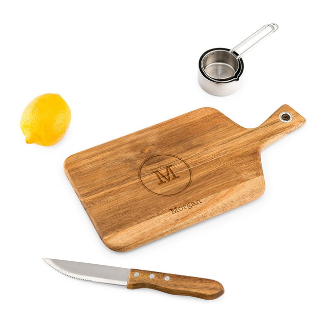 Personalized Wooden Paddle Cutting & Serving Board with Handle - Circle Monogram