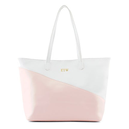 Monogrammed Pink White Faux Vegan Leather Tote Bag