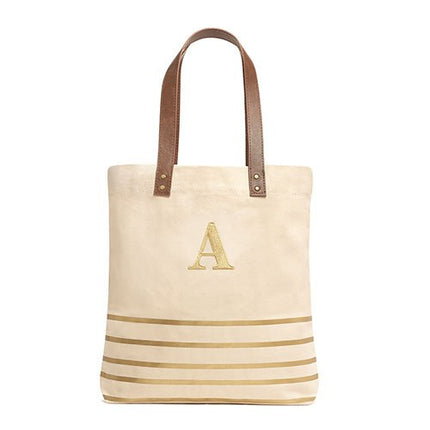 Personalized Metallic Gold Stripe and Canvas Tote Bag