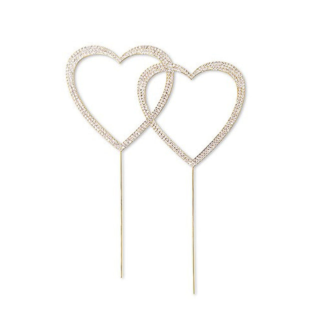 Crystal Rhinestone Double Heart Cake Topper - Gold