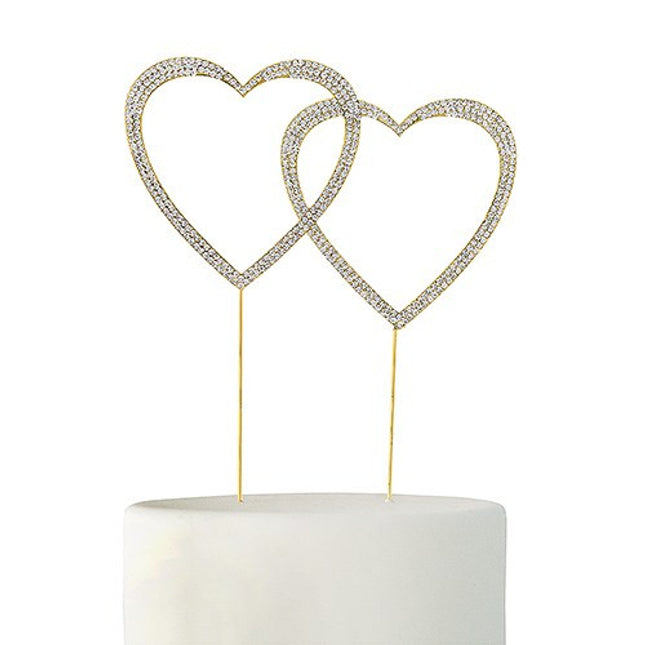Crystal Rhinestone Double Heart Cake Topper - Gold
