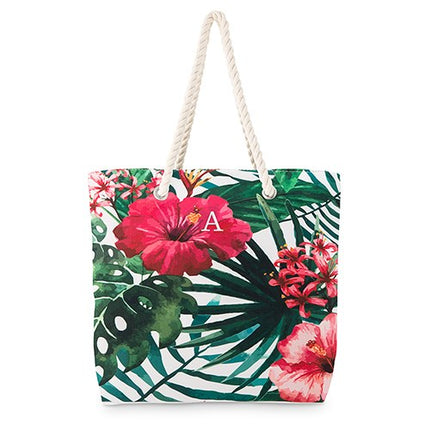 Personalized Large Tropical Hibiscus Canvas Fabric Beach Tote Bag