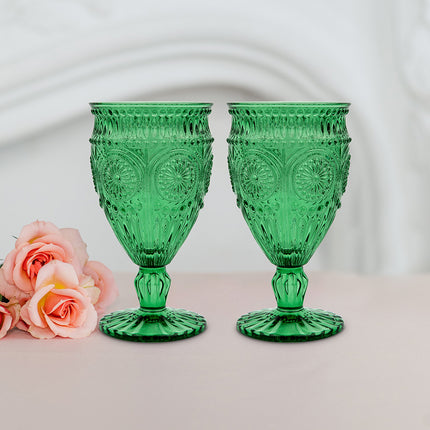 Emerald Green Colored Short Stem Vintage Pattern Glass Goblet